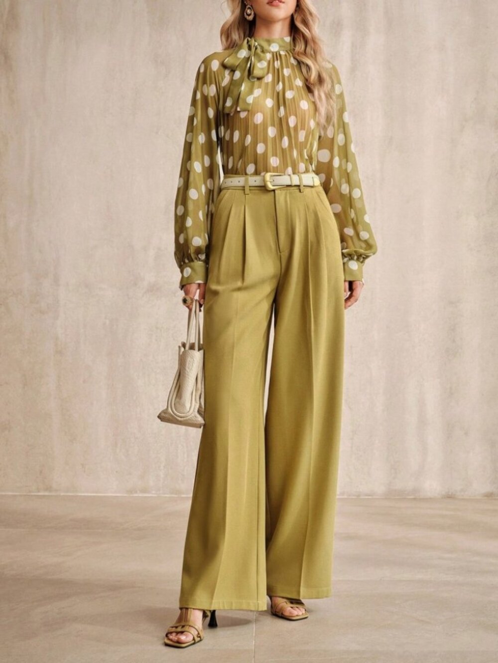 Green Polka Dot Chiffon Tie-Neck Pleated Bishop Sleeve Top - Picture 6 of 8
